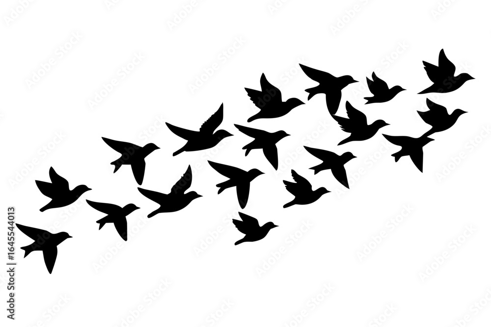 Flock of birds flying together silhouette vector illustration Flock of birds flying together silhouette vector illustration