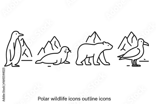 Polar wildlife icon set with arctic and antarctic animals. Vector line art collection of penguin, seal, polar bear, and albatross. Minimalist outline illustrations.