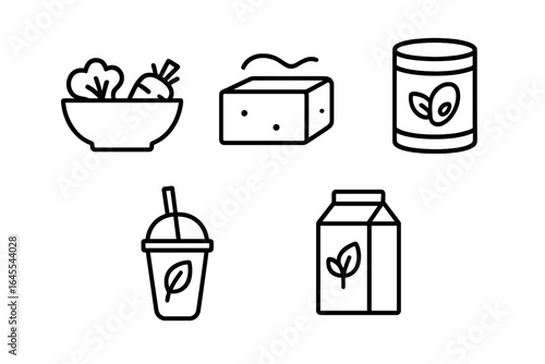 Vegan food outline icon set. Plant-based diet symbols for a healthy lifestyle. Vector icons of salad, tofu, legumes, smoothie, and plant milk for web and mobile.