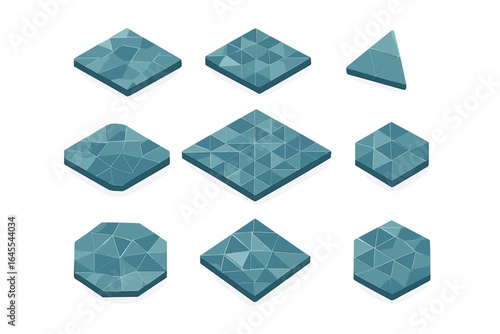 Isometric polygonal tile icon set. 3D low poly mosaic tiles for game design. Abstract geometric ground or floor platform elements. Crystal triangular tessellation shapes.