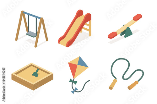Playground equipment isometric icon set. Kids outdoor activity symbols. Vector collection of swing, slide, seesaw, sandbox, kite, and jump rope for children's park fun.