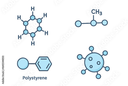 Polymer science icon set. Chemistry concept with macromolecules structure. Polystyrene, polyethylene, polypropylene chemical formula. Molecular model vector illustration.