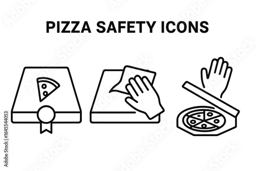 Pizza safety icons. Outline icon set of pizza box safety and hygiene. Tamper-evident seal, sanitize wipe, gloved hand. Contactless delivery and food service vector.