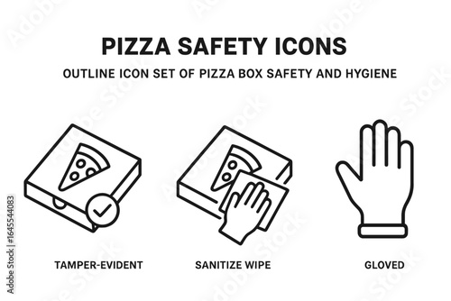 Pizza delivery safety outline icon set. Food hygiene and protection concept. Tamper-evident seal, sanitize wipe, gloved hand. Contactless delivery vector illustration.