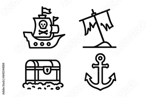 Pirate vector line icon set. Ship with skull, treasure chest, broken mast, anchor. Sea adventure, marine exploration, shipwreck, loot concept. Simple outline symbols.