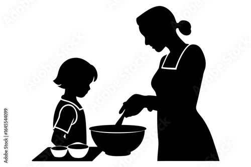 Mother baking a cake with her daughter silhouette vector illustration