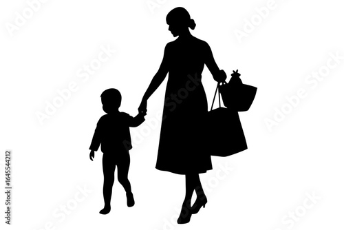 Mother holding child carrying shopping bags silhouette vector illustration