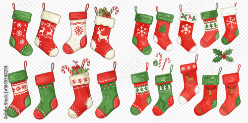 A festive collection of watercolor Christmas stockings in red, green, and white, with various patterns like snowflakes and reindeer, some filled with gifts.