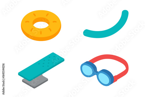 Pool party fun isometric icon set. Summer swimming items collection with inflatable float, pool noodle, diving board, and swim goggles. Flat design vector illustration.