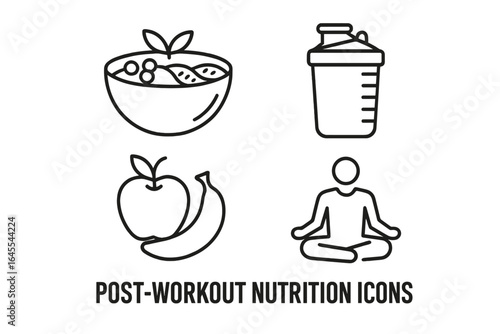 Post-workout nutrition line icon set. Healthy lifestyle symbols for fitness and wellness. Includes smoothie bowl, protein shake, fruit, yoga, and meditation vector icons.