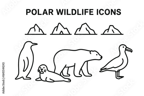 Polar wildlife icon set. Arctic and Antarctic animal outlines. Vector collection with penguin, polar bear, seal, albatross, and iceberg symbols. Simple line art illustration.