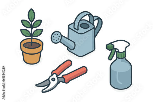 Potted plant care tools isometric icon set. Gardening equipment collection for houseplant hobby. Vector includes watering can, pruning shears, mister spray bottle. Grow.