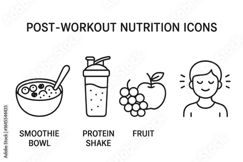 Post-workout nutrition icon set. Healthy food for fitness and muscle recovery. Outline vector icons: smoothie bowl, protein shake, fruit, and mindfulness.