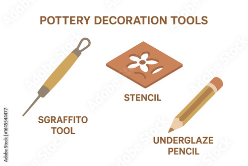 Pottery decoration tools vector illustration set. Sgraffito tool, stencil, and underglaze pencil for ceramic art. Handmade craft and hobby supplies concept for workshop.