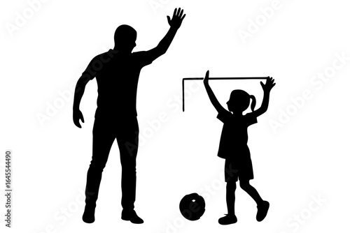 Father daughter soccer game celebration silhouette vector illustration