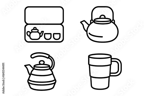 Portable tea set outline icons. Travel tea kit with pocket teapot and cups. Camping kettle and travel mug line icons. Vector symbols for hiking, tourism and outdoor gear.