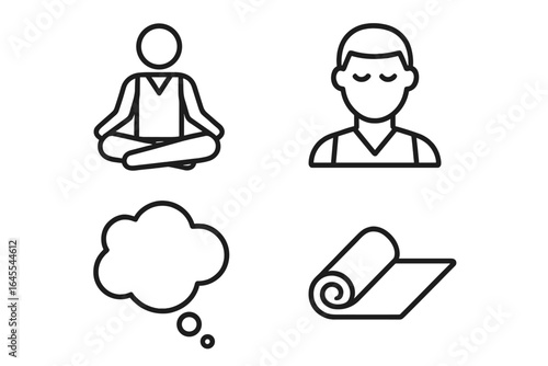 Pre-game meditation and sport focus icon set. Vector outline of athlete in lotus pose, yoga mat, thought bubble for mental preparation and mindfulness.