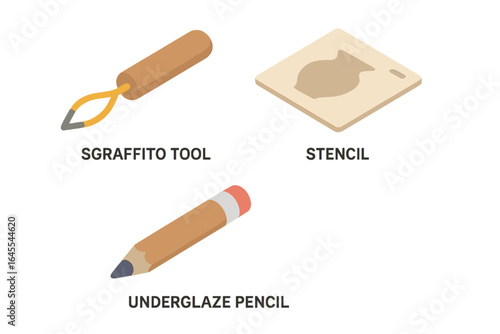 Isometric Pottery Decoration Tools Vector Set: Sgraffito Tool, Stencil, Underglaze Pencil for Ceramic Art, Crafting, Clay Work & DIY Hobbies Icon Collection