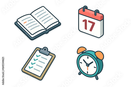 Time management and productivity isometric icon set. Open planner, calendar date, clipboard checklist, and alarm clock symbols. Business organization and workflow vector icons.