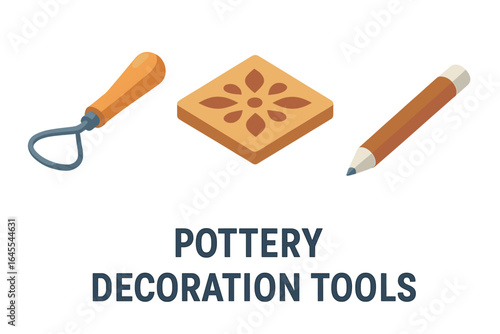Pottery decoration tools isometric icon set. Sgraffito loop tool, clay stencil stamp, underglaze pencil for ceramics. Vector art for DIY craft, workshop, or hobby.