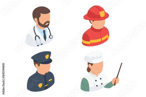 Isometric profession icon set with flat design characters. Faceless avatars of a doctor, firefighter, police officer, and chef. Vector illustration of job and career symbols.