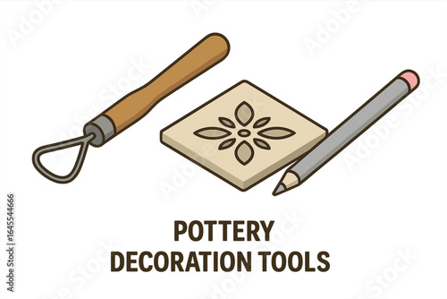 Pottery decoration tools for ceramic art. Isometric icon set with sgraffito carving loop tool, underglaze pencil, and clay tile with stencil pattern. Handmade craft hobby vector.