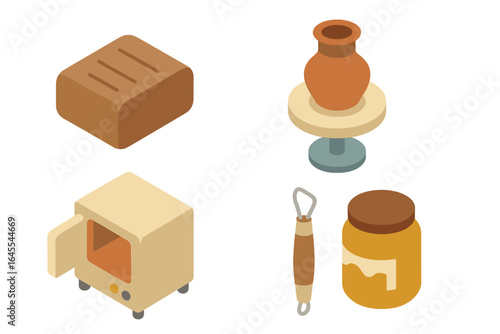 Pottery isometric icon set. Vector illustration of ceramics art and craft hobby. Includes clay block, pottery wheel with vase, kiln, sculpting tool, and glaze jar.