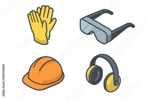Personal protective equipment icon set. Isometric vector illustration of safety gear. Hard hat, glasses, gloves, earmuffs for construction and industry protection.