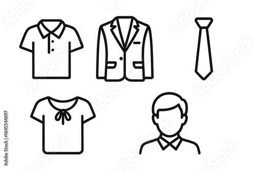 Professional dress code icons. Outline icon set of business attire and grooming. Vector symbols for corporate style. Collared shirt, blazer, tie, blouse, person avatar.
