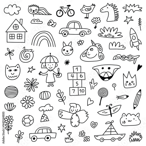 Doodle collection of cute hand drawn children s drawings and icons