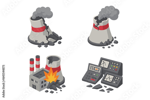 Isometric power plant destruction icon set. Concepts of a bombed nuclear station, collapsed cooling tower, and shattered control panels. Vector illustrations for disaster, war, or energy crisis.