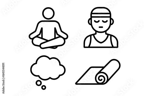 Pre-game meditation icon set. Athlete in lotus pose for mental focus and concentration. Sports yoga for mindfulness and wellness. Outline vector icons for relaxation.