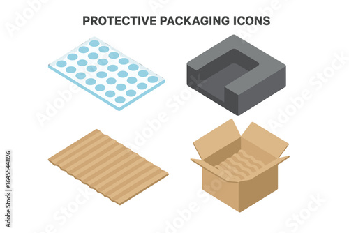Protective packaging icon set. Isometric flat design. Shipping materials for delivery. Bubble wrap sheet, foam insert, corrugated cardboard. Vector illustration isolated.
