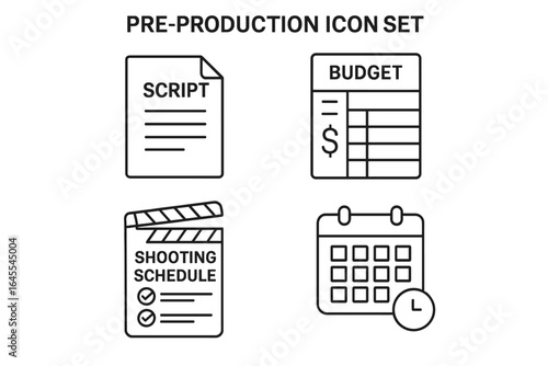 Pre-production filmmaking and video production outline icon set. Vector icons for movie planning process including script writing, budget spreadsheet, and shooting schedule.