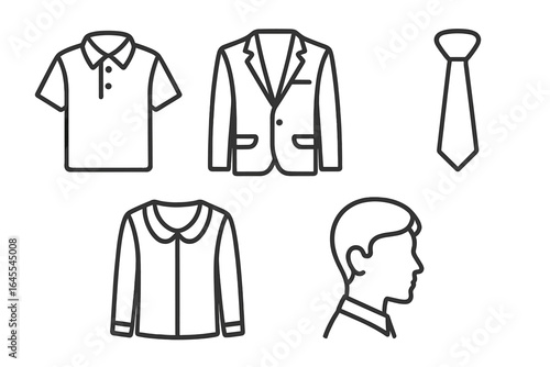 Professional dress code line icon set. Business attire and corporate clothing symbols. Office wear outline icons: polo shirt, suit, tie, blouse, grooming vector pack.