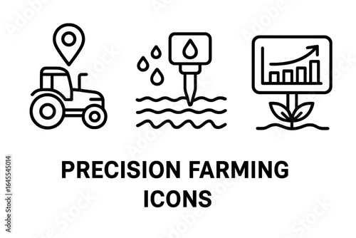 Precision farming icon set. Smart agriculture technology concepts. GPS guided autonomous tractor, soil moisture sensor, variable rate irrigation, and crop yield monitor.