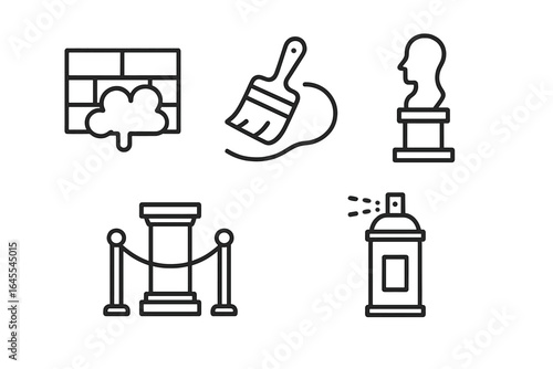 Public art icon set. Street art line icons. Vector symbols of graffiti wall, mural brush, museum sculpture, gallery pedestal with rope, and aerosol spray can for exhibition.