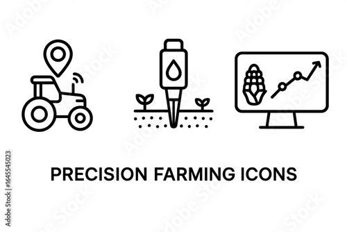 Precision farming icons set. Smart agriculture technology with GPS tractor navigation, soil moisture sensor, and crop yield monitoring analytics. Agritech outline vector for modern farming.