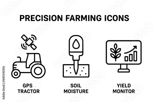 Precision farming vector line icon set. Smart agriculture technology concept. Agritech outline icons for GPS tractor, soil moisture sensor, and crop yield data monitor.