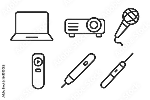 Presentation line icons set. Business conference and meeting equipment. Vector illustrations for seminar, lecture, or webinar. Includes laptop, projector, and microphone