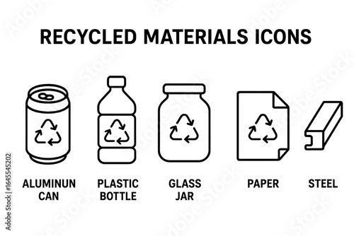 Recycled materials line icon set. Waste sorting and garbage segregation symbols for ecology. Aluminum can, plastic bottle, glass jar, paper, steel. Vector illustration.
