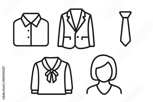 Professional dress code outline icon set. Business attire and corporate grooming symbols. Vector line icons of collared shirt, blazer, tie, blouse, and hairstyle.