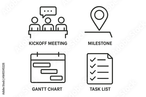 Project management linear icons set. Kickoff meeting, milestone, Gantt chart, and task list symbols. Business process, workflow planning, strategy, development pictograms.