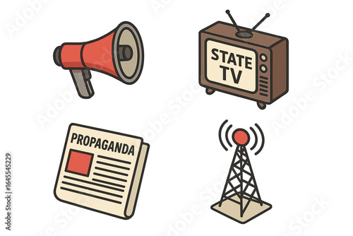 Propaganda icon set. Isometric media control, fake news, and disinformation concept. Vector illustration of megaphone, state TV, newspaper, and radio tower for censorship.