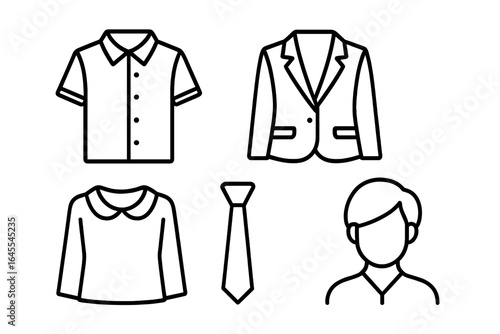 Professional dress code and grooming outline icon set. Business attire and corporate workwear concept. Vector icons of collared shirt, blazer, tie, blouse and haircut.