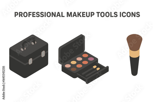 Professional makeup artist tools isometric icon set. Vector illustration of a cosmetic case, eyeshadow palette with drawer, and foundation brush. Beauty salon symbols.