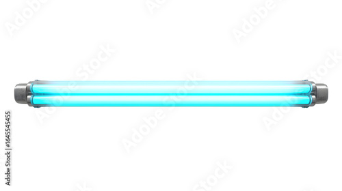 A close up of a double fluorescent light fixture with a bright blue glow on a black background