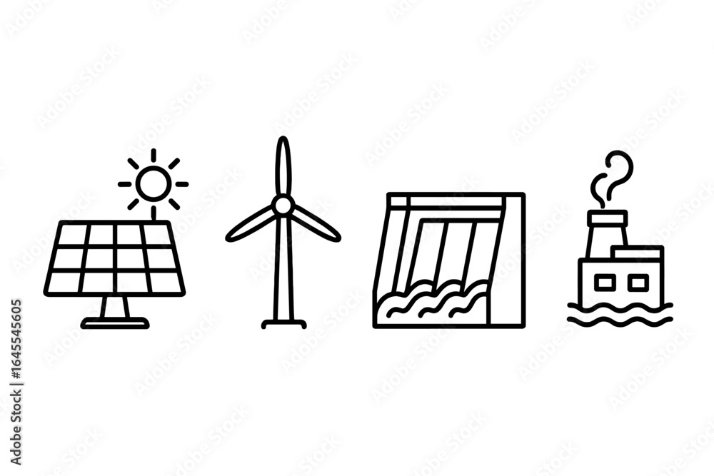 Renewable energy line icon set. Eco friendly power sources. Solar panel, sun, wind turbine, hydroelectric dam, geothermal plant. Clean green energy vector symbols. Renewable energy line icon set. Eco friendly power sources. Solar panel, sun, wind turbine, hydroelectric dam, geothermal plant. Clean green energy vector symbols.