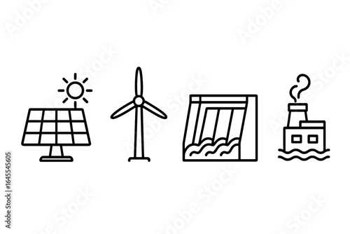 Renewable energy line icon set. Eco friendly power sources. Solar panel, sun, wind turbine, hydroelectric dam, geothermal plant. Clean green energy vector symbols.