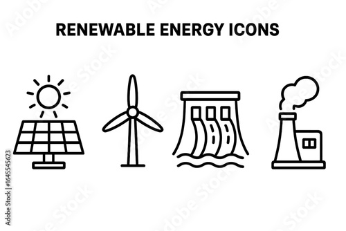 Renewable energy sources icon set. Outline vector icons for solar panel, wind turbine, hydro dam, and geothermal power plant. Green, sustainable, and eco friendly.